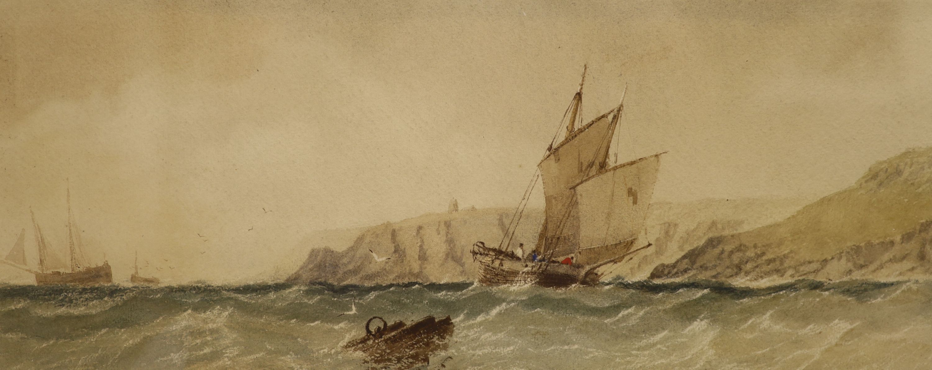 19th century English School, 2 watercolours, Fishfolk putting out to sea and Off the coast, 21 x 36cm and 17 x 42cm